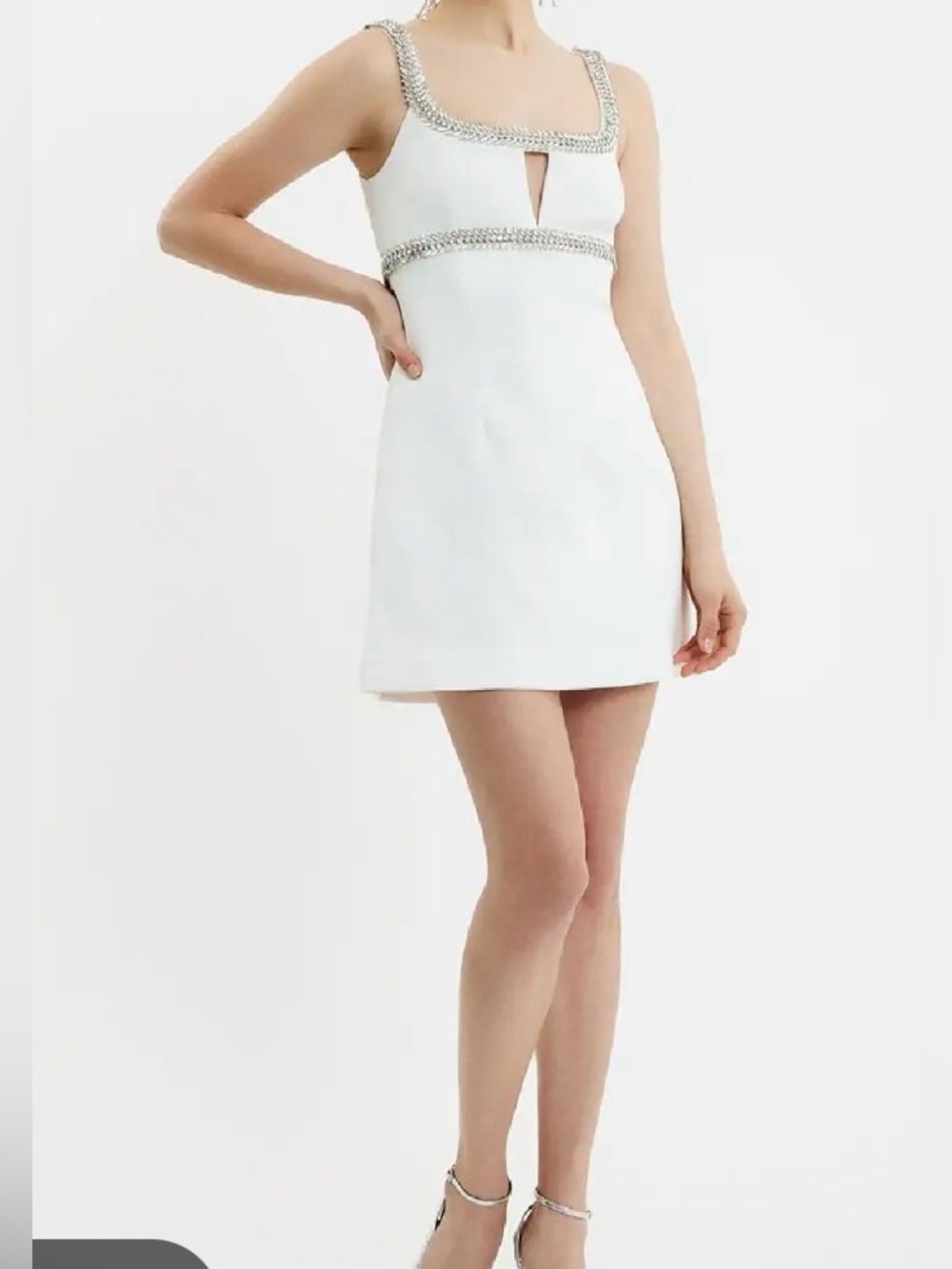 Rebecca Vallance White Mini Dress with Silver Chain Trim